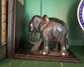 Mahogany and bone carved elephant bookend