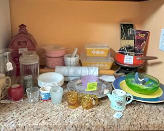Misc. Kitchen Items - Vintage Pyrex pcs. / Vintage Fondue Pot and Forks / Marble Rolling Pin, Slab, Mortar & Pestel / Ceramic Cookie "Barn" / Various Glass Vases / Etc.