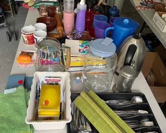 Misc. Kitchen Items - Silverware, Bread Loaf Pan, Coffee Mugs, Christmas Oven Mitts, Stainless Water Kettle, Nano Towels, Metal Recipe Box, Blue Plastic Pitcher, Water Bottles, Rolling Pin, Utensils, ETC!