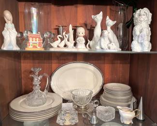 Lladros & other Porcelain Figurines / 6 Place Settings - Vintage "Ancestral Fine China, Pttrn: Wedding Band" (Silver Rimmed) / Various Crystal Pcs / Stainless Salt & Pepper Shakers / Etc.