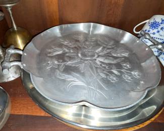 Vintage Aluminum Plate w/ Handles & Floral Pattern