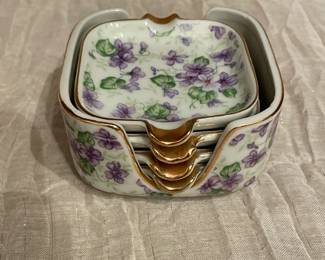 Vintage (1960s) Violet Floral Chintz Ashtray Set
