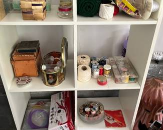 Craft Items - Yarn, Knitting Needles, Ribbon, Straight Pins w/ Pearls, Thread, Sewing Needles, String, Vintage Jars, Box of Buttons, Latch Hook Needles, Etc!