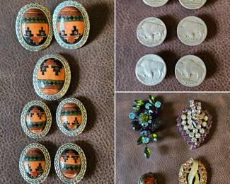 Earrings & matching button covers, buffalo nickel button covers and vintage brooches 