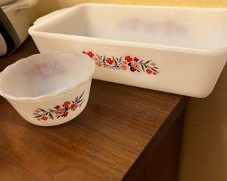 Vintage fire king primrose, flower, milk, glass. Rectangle casserole dish, and small dip bowl