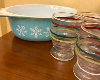 Vintage Pyrex snowflake turquoise oval Casserole Dish.  Four piece Libby juice glass, stripe multicolored design 