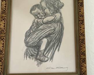 Painting Drawing Mother with child pencil signed art Frame in glass