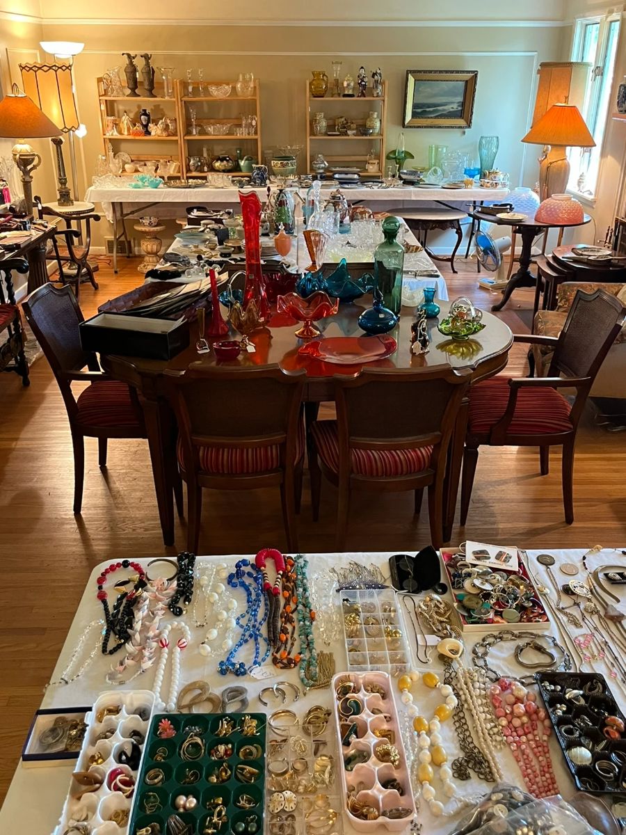 French Provincial Dining Table and Chairs, Fine china and glassware, silver, Roseville, Hundreds of pieces of costume jewelry, Flow Blue, Satsuma, Beaded purses, and much more!
