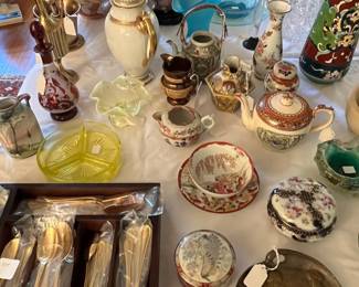 silver plate flatware set, porcelain objects