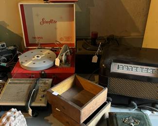 vintage child's record players and 1950's radio