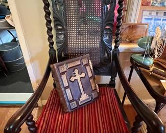 antique Jacobean arm chair, early bible