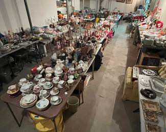 hundreds of holiday decor, china and glassware, and unusual decorative items