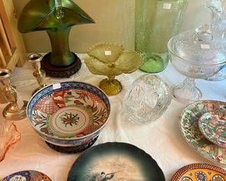 Buffalo China, Art Glass Basket, Sterling Candleholders