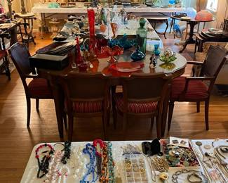 French Provincial Dining Table and Chairs, Fine china and glassware, silver, Roseville, Hundreds of pieces of costume jewelry, Flow Blue, Satsuma, Beaded purses, and much more!