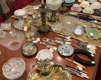 great cup and saucer collection, cut glass, pearl handle flatware