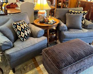 Pair of Custom Upholstered Club Chairs in Sunbrella fabric, Custom Upholstered Ottoman