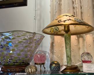 Collection of Paperweights, Original Artwork Glass Bowl, Hand Painted Glass Lampshade