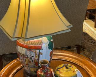 Asian Inspired Table Lamp, Antique Chinese Cloisonne Vase, Antique Yellow Cloisonne Box with Foo Dog Lid