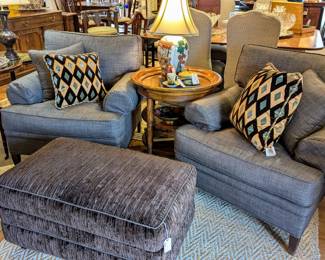 Custom Upholstered Club Chairs in Sunbrella fabric, Custom Upholstered Ottoman