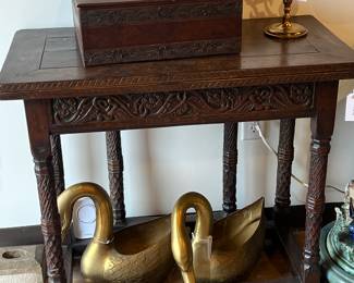 Jacobean Gateleg Table, Pair of Vintage Brass Swans