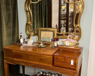 Antique Mahogany Spinet Desk, Vintage Gilt Wood Mirror
