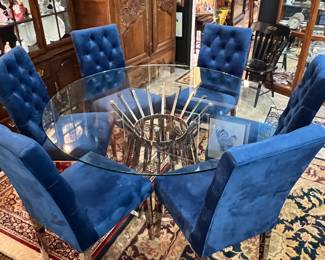 Glass Top with Chrome Base Dining Room Table and 8 Dining Chairs