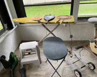 ironing board, folding table, luggage holder, racquets, step stool, gardening tools