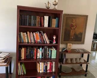 art, vintage decor, bookshelves, books, lighting shade, brass fixtures, candles, soaps