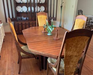 Tobago Brutalist mid-century walnut dining room set which includes credenza and hutch, dining table with two leaves and four chairs, Server-each piece sold individually
