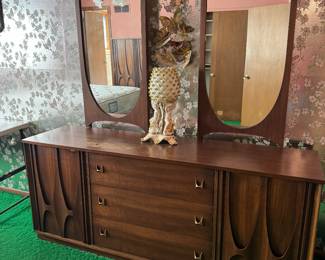 Mid century modern Broyhill Brasilia bedroom set which includes dresser with mirror’s, 1 matching nightstand, Gentlemens chest and king sized headboard-each piece sold individually