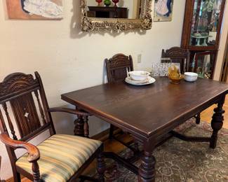 Antique dining set which includes table with the pull ot leaves on each end, 6 dining chairs (newly upholstered ), China keeper and Buffet - all pieces individually priced