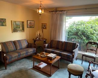 Antique couches & lamp, brass candlesticks, owners original paintings