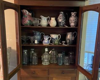 Hutch, antique bed pans, jars, apothecary jars, pitchers