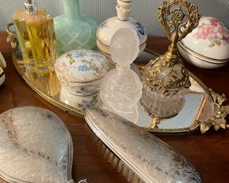 Regency brush set, vintage perfume bottles