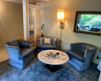 Mid century barrel chairs, marble top table, glass/Murano/epoxy paper weights 