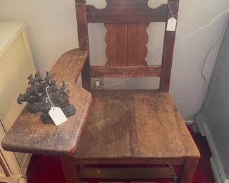 Antique school desk, cast iron book ends