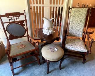 Needlepoint rockers/stool, antique table, pitcher, Italian porcelain