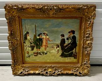 Early 20th c. 24"x20" oil painting, possibly Dutch (see flag) or a picture of a Dutch beach scene, in heavy gilt frame. Signed "Jackie". Purchased from an antique shop in New Orleans in 1990s.