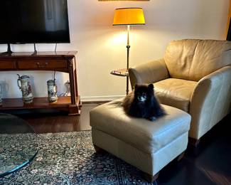 Tan leather chair and ottoman. Pomeranian not included.