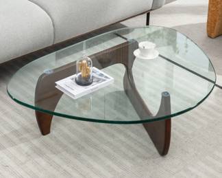 MCM-inspired triangular heavy glasstop coffee table w/walnut finish legs--NEW!