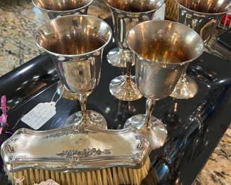 Silverplate goblets, vintage sterling brush