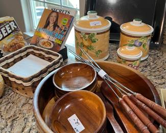 wooden salad set, cookbooks