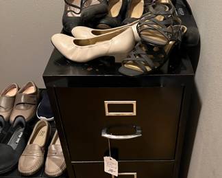 metal two drawer file cabinet, ladies size 6 shoes