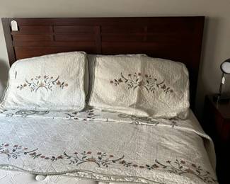 Platform queen bed panel headboard, queen mattress, linens