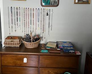 Six drawer wooden chest-SOLD
Mint green McKlein rolling cart, Sewing, art, mirror, Rosaries