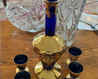 Bohemian decanter and six cordials, lead crystal