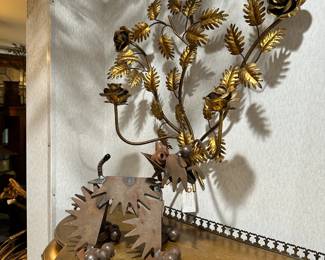 Italian Gilt Metal Sconce, Iron Dog Sculpture