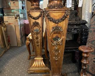 French Wood Carved Pedestals with Painted Ship Medallions