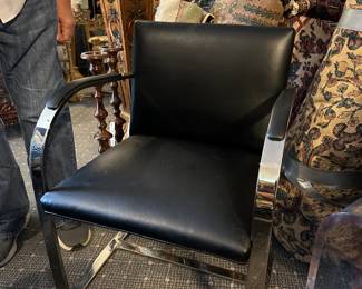 Pair Of Milo Baughman Black Leather & Chrome Arm Chairs
