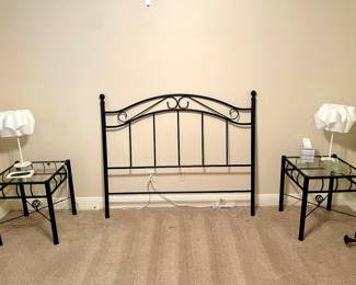 Matching Iron Queensize Headboard and pair of end tables